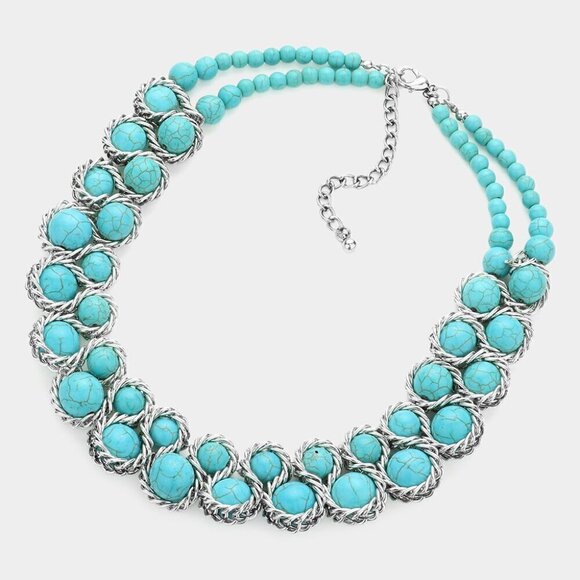 NEW Turquoise Stone Silver Metal Braided Cluster Collar Necklace Set - Picture 1 of 8